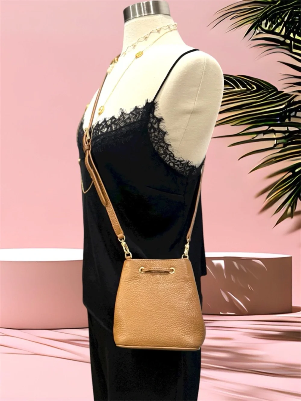 Tory Burch Cognac Pebbled Leather Tassel Drawstring Crossbody